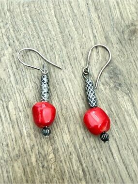 Handmade Red Bead Drop Earrings - Silver